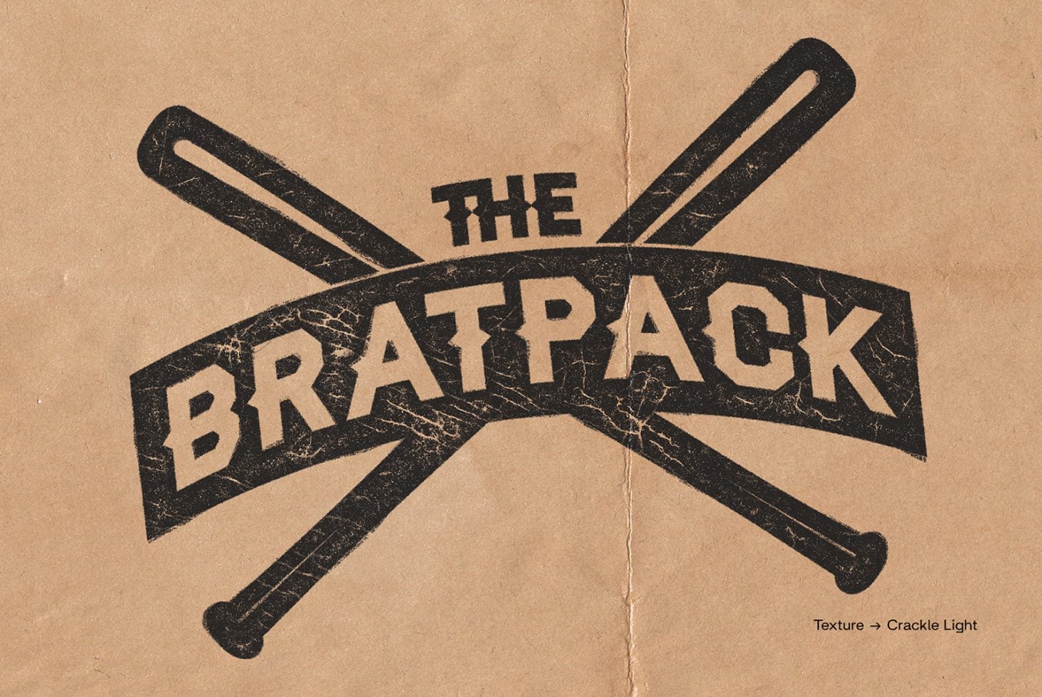 Vintage baseball bat crossed graphic with distressed crackle texture on kraft cardboard